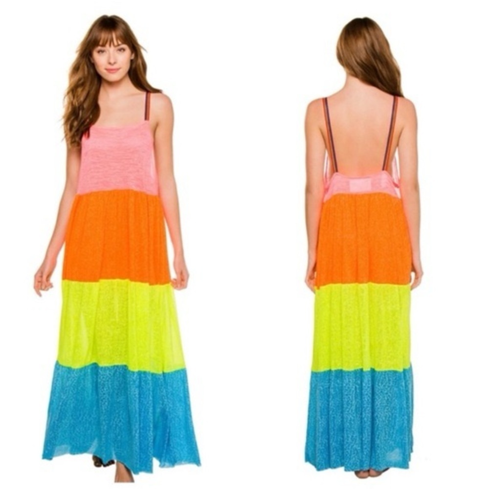 Pitusa Neon Colorblock Tiered Maxi Dress - Pink, Orange, Lime, Blue - Picture 3 of 8